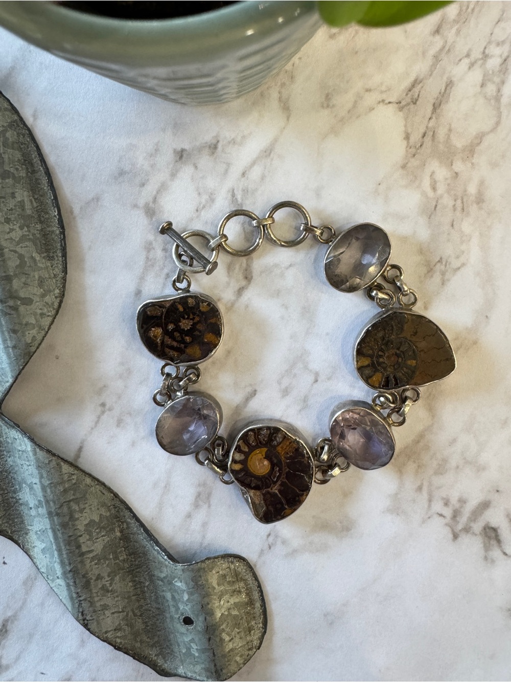 Sterling Silver Handmade Ammonite Fossil and Lavender Stone Link Bracelet